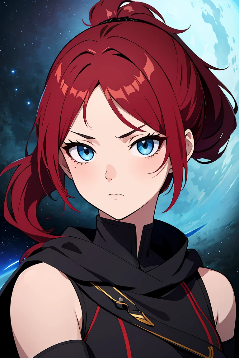 (high-quality, breathtaking),(expressive eyes, perfect face) 1girl, female, solo, teenager, short ponytail length hair, red hair color, multicolored hair, glowing hair, loose hair, wavy hair, grey eye color, soft expression, black cloak, black shirt, fantasy mawarrior high-tech clothing, scars, space background, portrait, upper body, magic, serious, beautiful hairstyle, soft makeup, age 16, ponytails