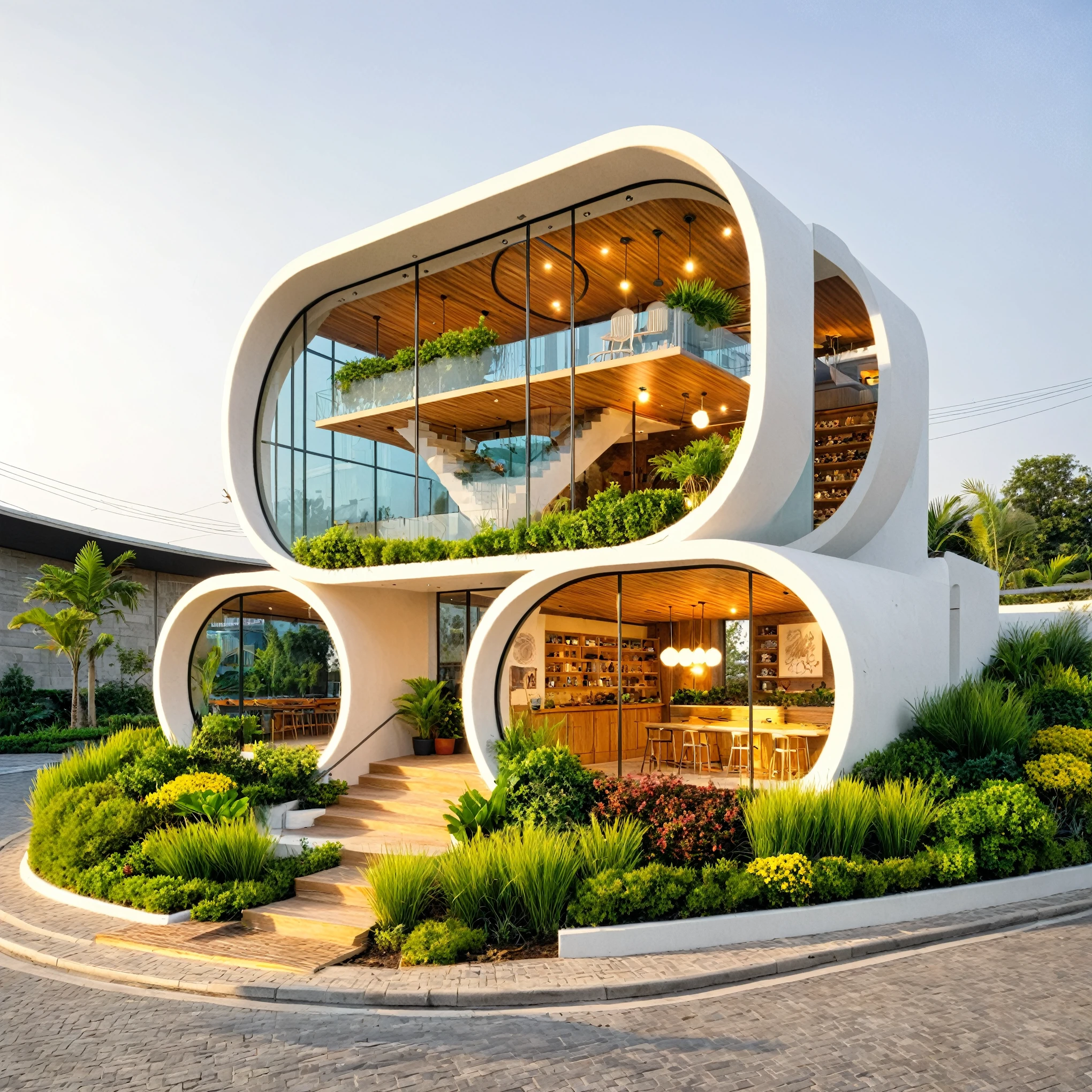 Boss of'ouvrages d'art, high quality, best quality, authentique, Great detail, En plein air, plain-piedVilla XL, groupe, style de maison moderne dans la rue ,stairs, white wall ,road,pavement, grass, trees, sky, clouds, (day light:1.1)
