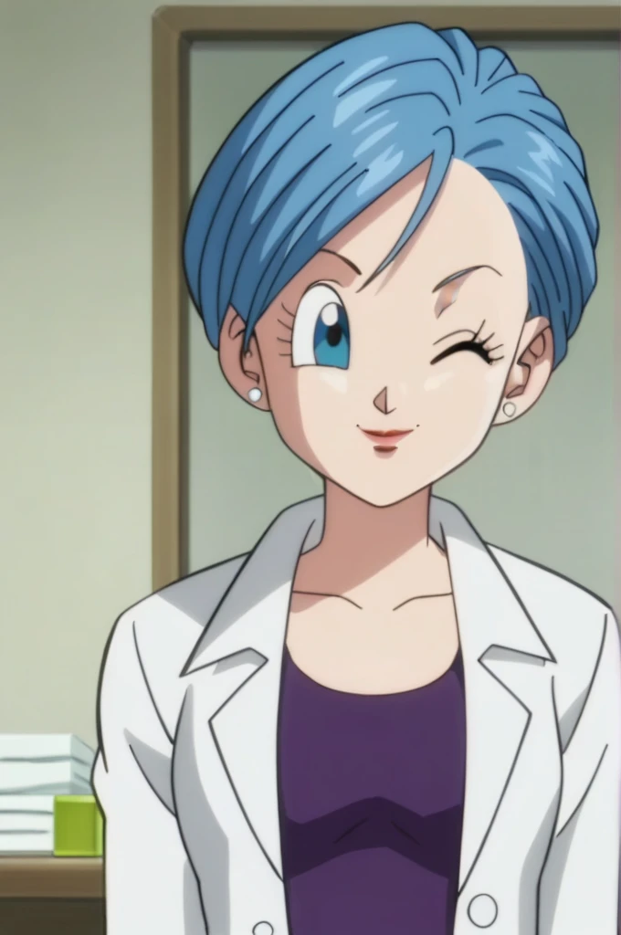 source_anime, score_9, score_8_up, score_7_up, anime screencap,8k, absurd res, 
bulma, 1girl, solo, looking at viewer, smile, short hair, blue eyes, jewelry, closed mouth, blue hair, collarbone, earrings, one eye closed, eyelashes, stud earrings, official style,
Underwear, SHANE underwear, black bra, grey panty, open lab coat,
unbuttoning lab coat, unbuttoning lab coat showing her underwear,
 