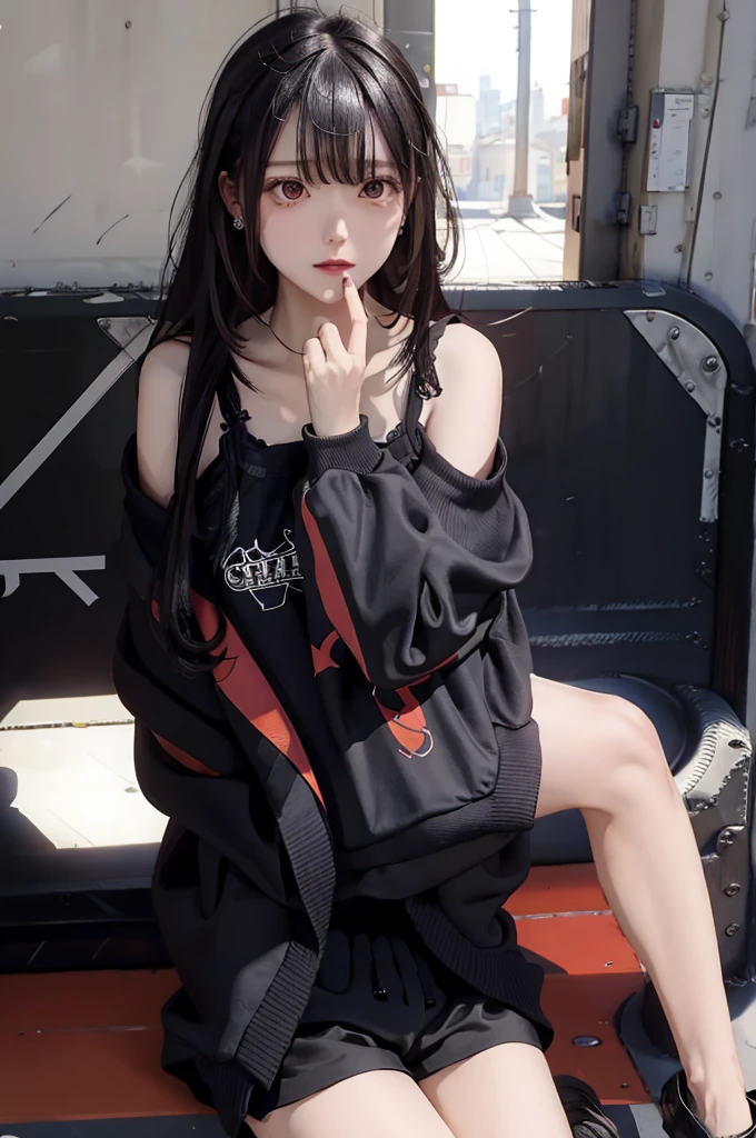 (extremely detailed CG unity 8k wallpaper), (masterpiece), (best quality), (ultra-detailed), (best illustration), (best shadow), (absurdres), 1girl, solo, Chihara, 1girl, solo, black hair, shorts, long hair, jacket, looking at viewer, black shorts, sitting, camisole, black jacket, off shoulder, red eyes, breasts, earrings, short shorts
