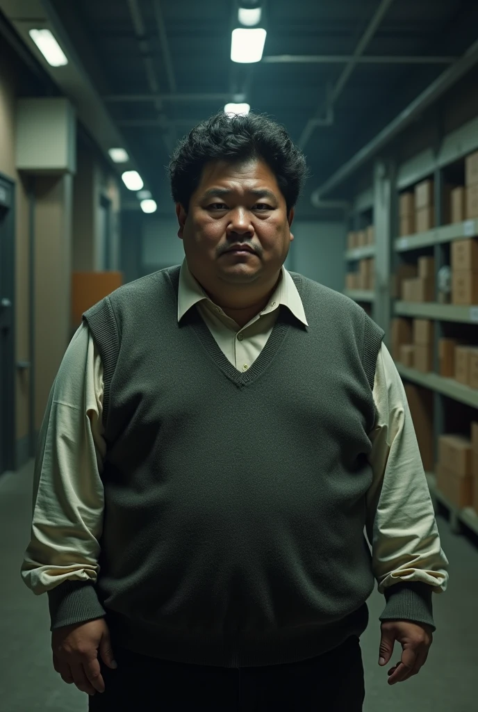 chubby man, japanese, curly hair, sweater vest, unkempt, shady, suspicious, warehouse, clean-shaven, detailed facial features, high quality, 8k, photorealistic, dramatic lighting, moody atmosphere, gritty urban setting, cinematic composition, masterpiece
