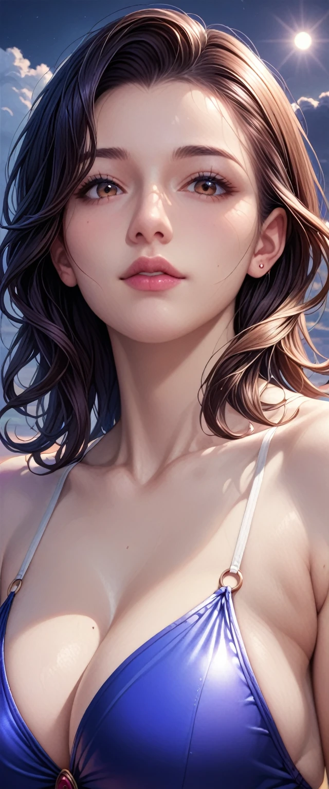 score_9, score_8_superior, score_7_superior, High resolution 3D anime style,A masterpiece in 32K resolution,Highest quality,it is really amazing,Very detailed,Ultra-high resolution,Ultra-realistic,Realistic,Increased depth of field,Cinematic lighting,
(Sexy mature Japan woman:1.2),
(black straight medium hair:1.1),(Ultra-detailed and beautiful face:1.1),(Calm and gentle look:1.1),Beautiful brown eyes,Translucent white skin,Realistic skin texture,Great proportions,
Elegant swimwear,
Summery design,Chic color scheme,Beautiful and delicate decoration,Detailed fabric texture,
(Dark overcast sky on a dull night:1.1),(Dark clouds filling the sky:1),(Thundercloud:1),Coastline at night,Stormy seas,(delay々A desolate sandy beach that continues:1),
Dramatic Angle,