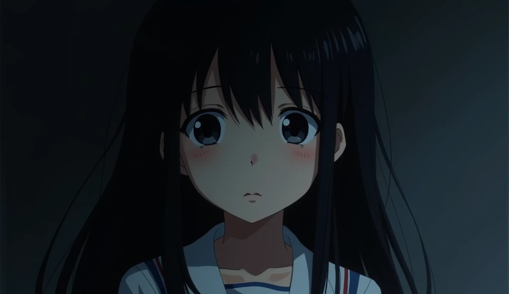 A melancholy anime schoolgirl, with hauntingly intense black eyes and long black hair cascading over her shoulders. The focus is on her face, framed by a dark background. This detailed portrait captures the complexity of her expression, reinforcing the sombre mood. The image is a high-quality painting, highlighting the striking contrast between light and shadow. Each brushstroke highlights the nuances of her features, drawing the viewer into the bittersweet tale of a young girl's inner turmoil. This young girl looks towards the horizon anime style