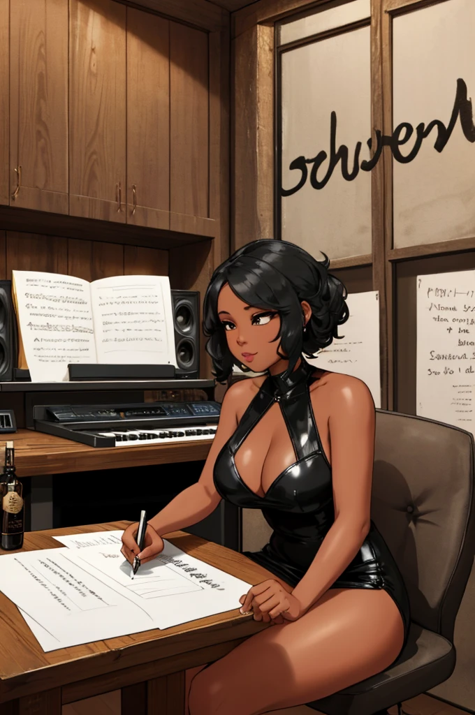 A black woman in a modern music studio, with soft lighting and sound equipment in the background. She is dressed seductively, in a tight, elegant dress, perhaps satin or leather, that flatters her figure. Sitting at a rustic wooden table, there are several bottles of whiskey scattered around her. She is concentrated, writing on a white sheet of paper, which is visible in the scene, with notes or song lyrics scribbled on it. The environment conveys a mix of creativity and intensity