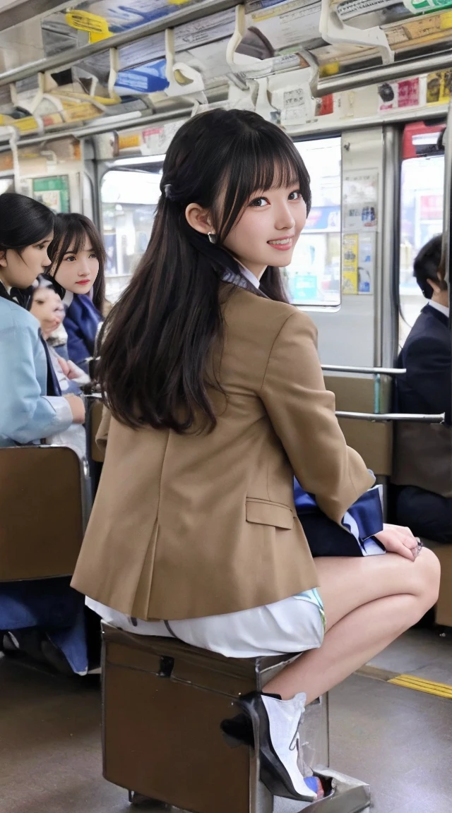 最high quality、high quality、Best image quality、8k、最High resolution、High resolution、最high quality、masterpiece、Detailed and realistic human body、Dense and realistic skin、Realistic face in every detail、Realistic reproduction of every detail、Detailed and realistic lips、Detailed and realistic teeth、Detailed and realistic ears、Detailed and realistic hair、Detailed and realistic arms、Realistic reproduction of every detail、Realistic fingers in every detail、(Beautiful Hands、thumb1reference4)、Realistic feet down to the last detail、Realistic pubic hair down to the last detail、(Beautiful Japanese Girl))、(Japanese Model), (Japanese women)、((18 year old beautiful girl))、(Black Hair)、(Random Hairstyles)、(Sexy look)、((whole body))、((Beautiful breasts with upturned nipples))、((Slim and perfect style))、(whole body glossy skin、Fair skin))、(Inside the train、rush hour、crowd)、(Soft lighting)、((Colorful see-through(school uniform, blazer))、((Take a seat on Inside the train(Spread your legs wide))、((Crowd turned their backs on her(A crowd can be seen from behind in the background.))