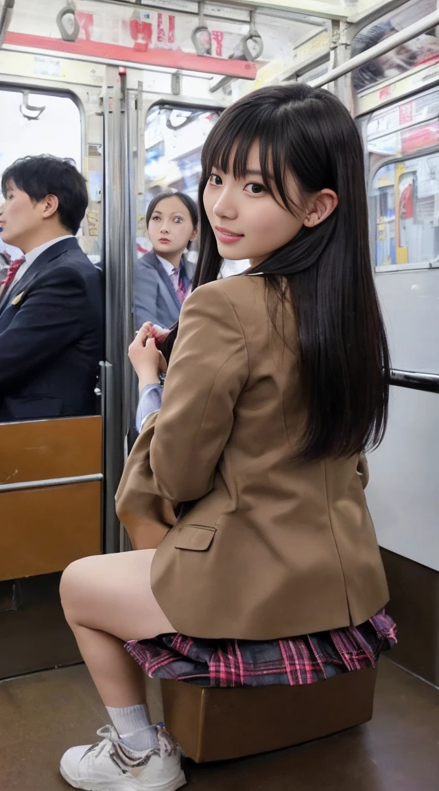 最high quality、high quality、Best image quality、8k、最High resolution、High resolution、最high quality、masterpiece、Detailed and realistic human body、Dense and realistic skin、Realistic face in every detail、Realistic reproduction of every detail、Detailed and realistic lips、Detailed and realistic teeth、Detailed and realistic ears、Detailed and realistic hair、Detailed and realistic arms、Realistic reproduction of every detail、Realistic fingers in every detail、(Beautiful Hands、thumb1reference4)、Realistic feet down to the last detail、Realistic pubic hair down to the last detail、(Beautiful Japanese Girl))、(Japanese Model), (Japanese women)、((18 year old beautiful girl))、(Black Hair)、(Random Hairstyles)、(Sexy look)、((whole body))、((Beautiful breasts with upturned nipples))、((Slim and perfect style))、(whole body glossy skin、Fair skin))、(Inside the train、rush hour、crowd)、(Soft lighting)、((Colorful see-through(school uniform, blazer))、((Take a seat on Inside the train(Spread your legs wide))、((Crowd turned their backs on her(A crowd can be seen from behind in the background.))