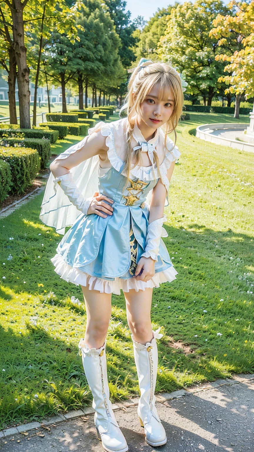 (8k、RAW Photos、Highest quality、masterpiece:1.2)、(Realistic、Realistic)、1 person、((Blonde、White and light blue、garden、Frills、Cape、ponytail、mini skirt、Thin legs、whole body、boots、View from the front、Looking into the camera、Stand with hands on hips))、cute