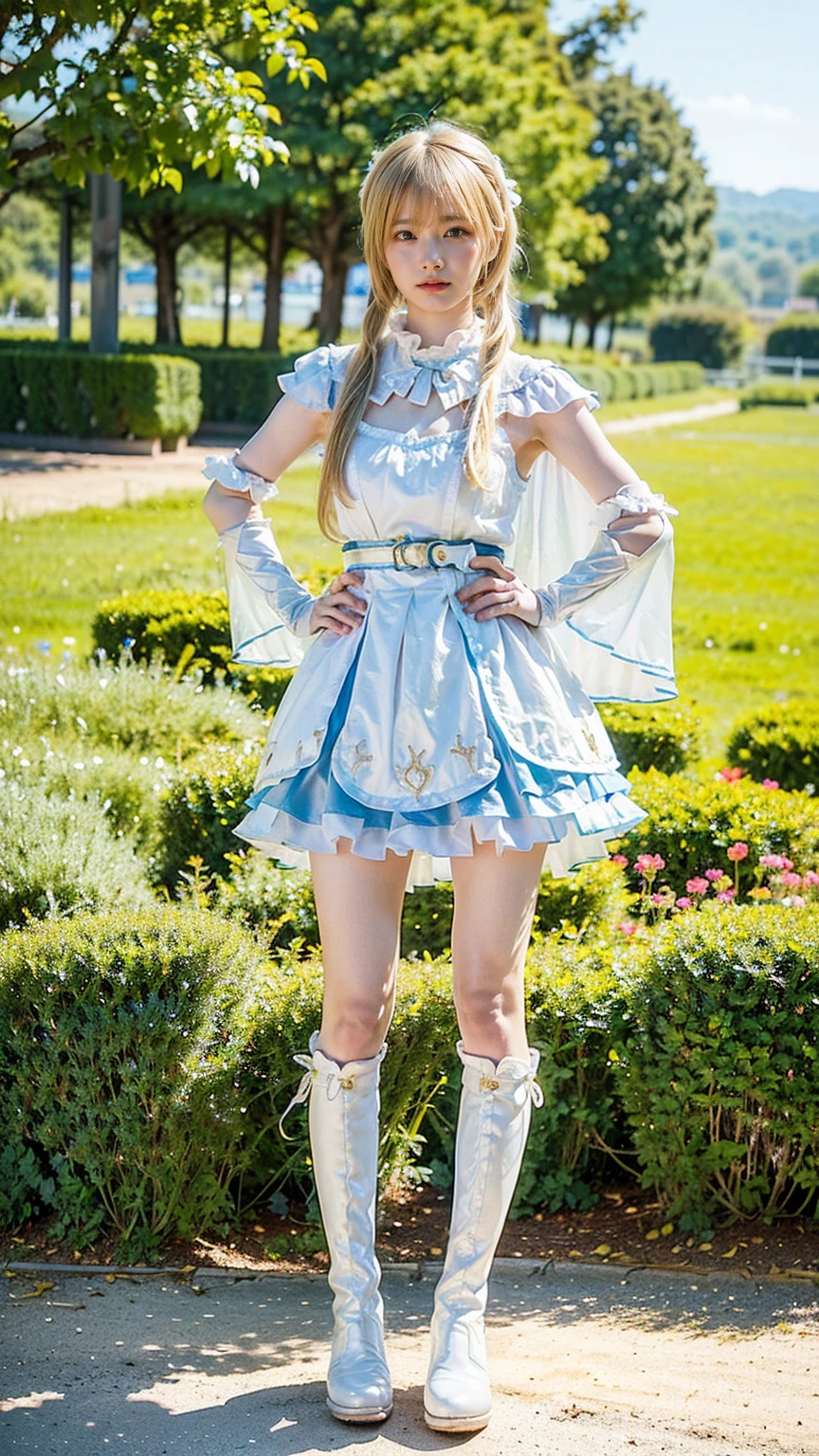 (8k、RAW Photos、Highest quality、masterpiece:1.2)、(Realistic、Realistic)、1 person、((Blonde、White and light blue、garden、Frills、Cape、ponytail、mini skirt、Thin legs、whole body、boots、View from the front、Looking into the camera、Stand with hands on hips))、cute