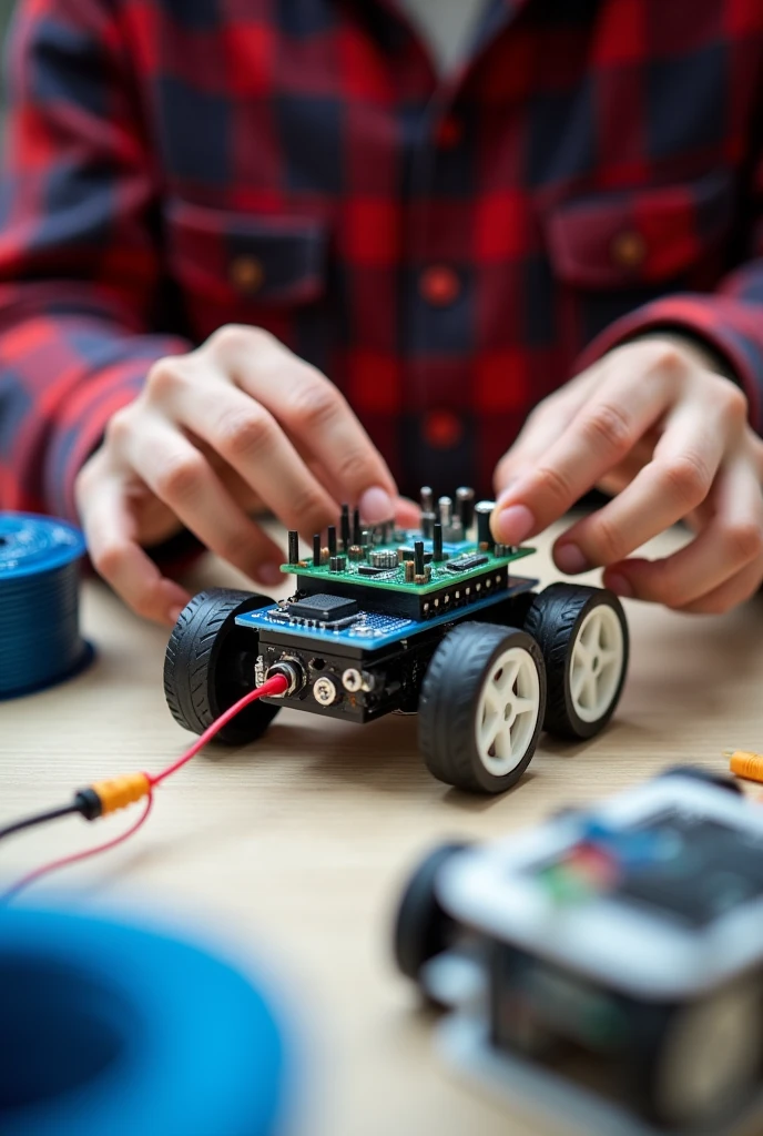 The image shows a person working on a small robotics project., probably using an Arduino board. A person's hands are seen assembling or adjusting the electronic components of a four-wheeled robotic vehicle.. There are cables connected to the board, which appears to be fixed to the structure of the robot. In the lower left corner, There is a roll of blue filament or wire, and in the lower right corner, There appears to be an additional tool or component related to the project. The person is wearing a red plaid shirt.
