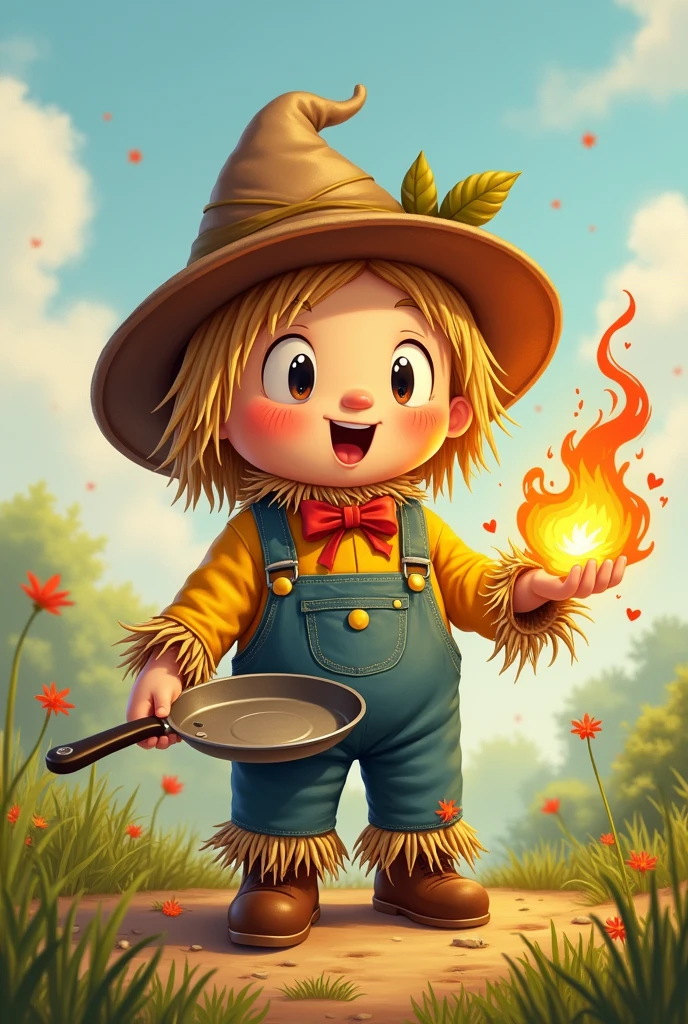 Create a kawaii illustration of a scarecrow with a frying pan in his hand and burn his hand with fire
