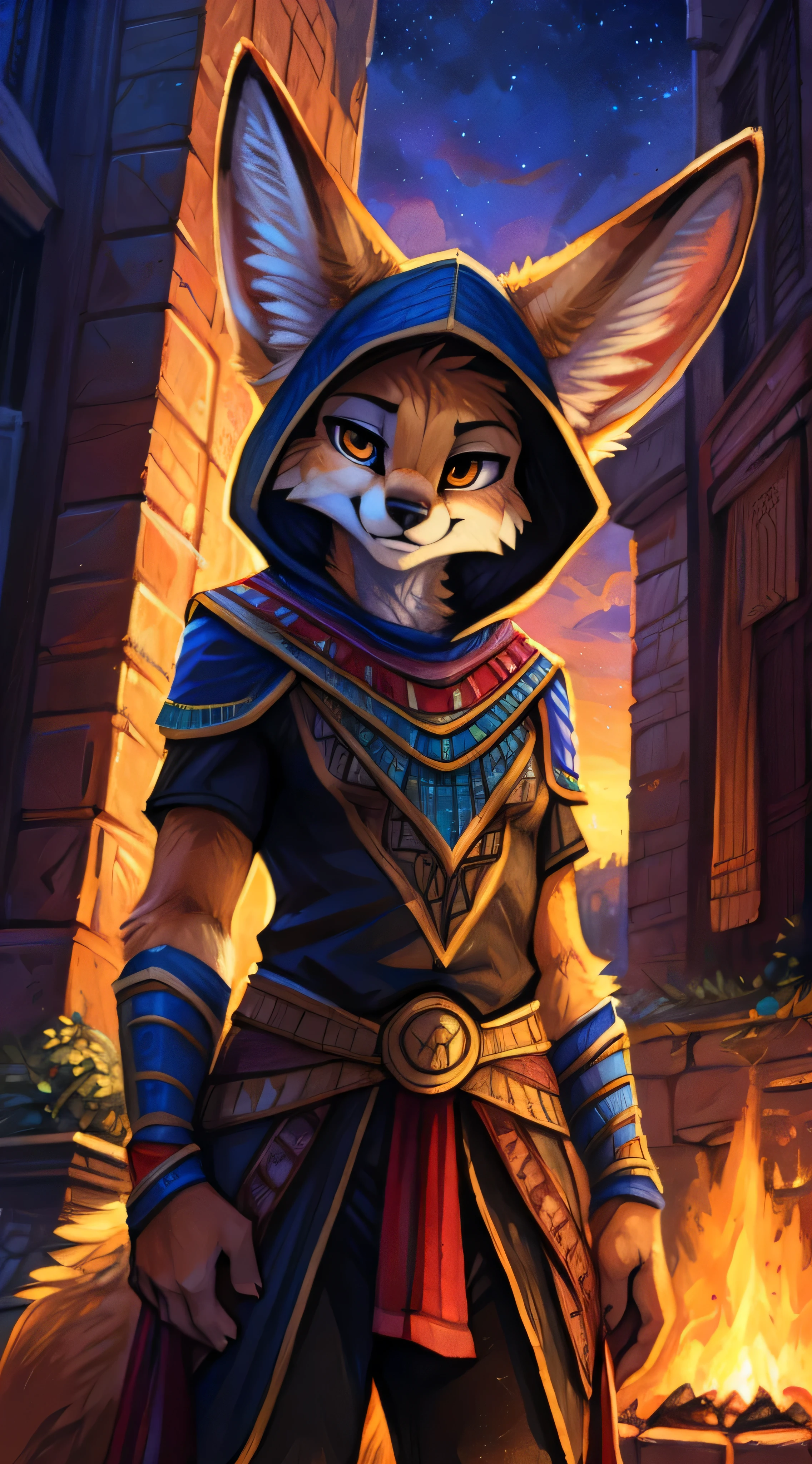 Anthro furry fennec fox, female, 1girl, outside, solo, body fur, high res, clothed, furry, sharp focus, colorful, ancient egypt, by fluff-kevlar, by Zackary911, by Kenket, by Kilinah,Safe content, by fluff-kevlar, looking at the viewer, (detailed fennec fox), (detailed body), (detailed lighting), smug smile, half-closed eyes, Assassin's Creed clothes, hood on, amber eyes,
