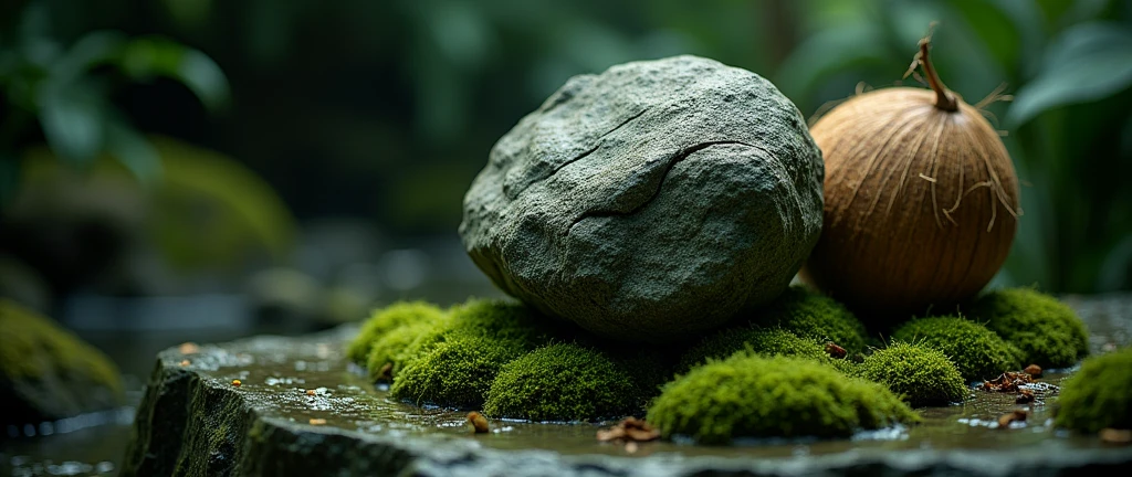 on a rock with moss and a coconut behind with dark light