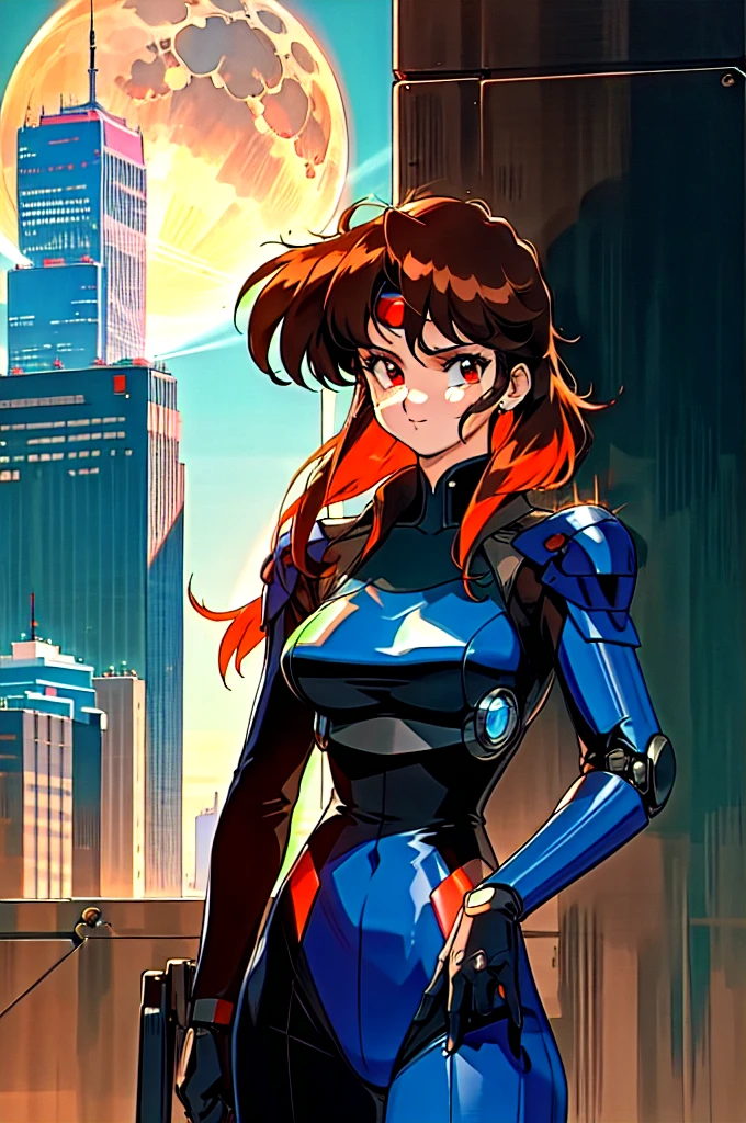 Kenichi Sonoda, retro art-style, 90s Japanese Anime Style, "bubblegum crisis", Sci-fi, Cyberpunk, Neon, Dystopia, (Amid the neon-soaked skyline of towering skyscrapers in mega Tokyo, 20-year-old anime beauty Pris stands alone on a gleaming skyscraper spire, bathed in the dazzling glow of the full moon. Her striking features are accentuated by a dark blue metal hard suit adorned with vibrant orange lines inspired by Syd Mead's industrial machine designs. Her brown medium-length hair frames her piercing gaze while she flashes a confident smile at the viewer. With fearless determination etched on her face, Pris is imposing and her entire presence exudes an aura of cool, stylish elegance. The smooth curves of her shadow, backlit by the moon, create a captivating silhouette, showcasing her unparalleled charm. A beauty under the watchful eye of the city's towering skyscrapers.), 1girl, solo, The main character, "Priss", 20yo, anime beauty, Cool beauty, Unparalleled beauty, Brown medium length hair, red eyes, Cold and sharp eyes, harsh brushstrokes, dramatic lighting, A dark blue metal hard suit with orange lines has a sophisticated design, fearless look, an expression of ridicule, smile, Standing alone in the backlight, she looks cool and stylish, Standing, looking at viewer, close-up photography of upper body, bust shot, Depth of field, character focus, (masterpiece, anime cg, official art, work of art, Award-winning work, extreme quality, ultra high definition, all intricate, overall detailed, finely detailed, super detailed, very aesthetic, boast pompously, focus on entire screen, asymmetrical, raytraced, caustics, textile shading, incredibly absurd resolution, absolutely resolution, ultra high resolution, professional, vivid colors, 16k, perfect ???????, ideal facial features, Beautifully detailed face, Beautifully detailed eyes, ideally proportioned figure, perfectly beautiful body),

