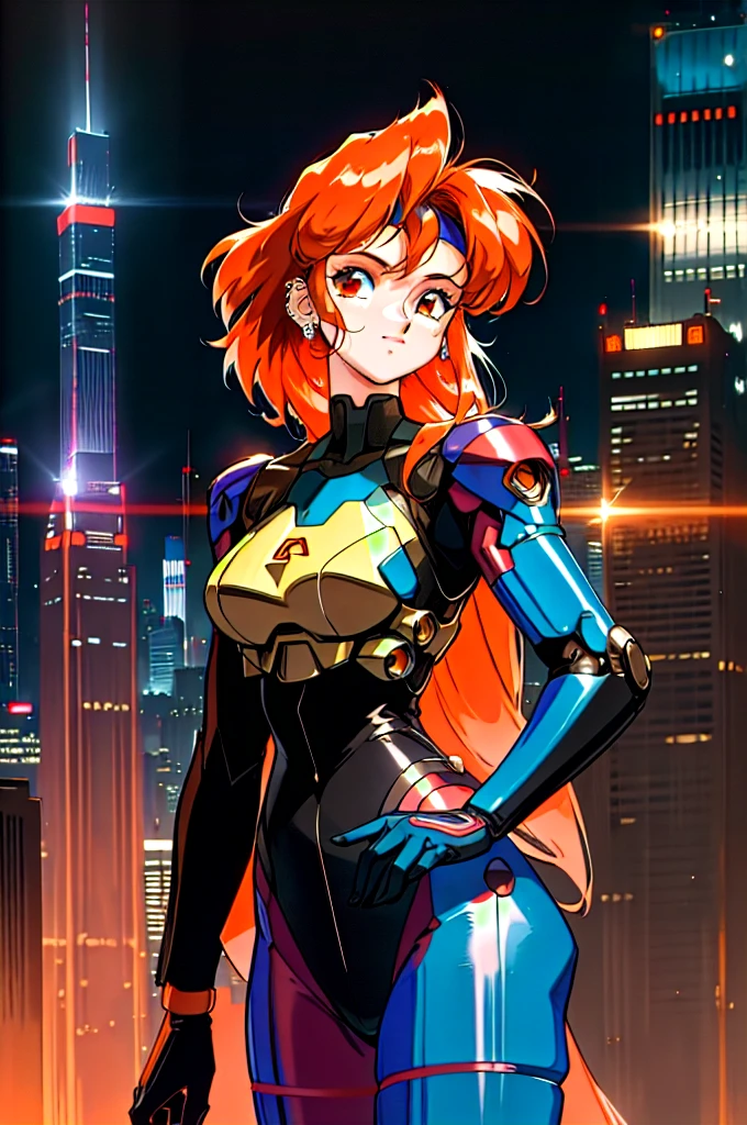 Kenichi Sonoda, retro art-style, 90s Japanese Anime Style, "bubblegum crisis", Sci-fi, Cyberpunk, Neon, Dystopia, (Amid the neon-soaked skyline of towering skyscrapers in mega Tokyo, 20-year-old anime beauty Pris stands alone on a gleaming skyscraper spire, bathed in the dazzling glow of the full moon. Her striking features are accentuated by a dark blue metal hard suit adorned with vibrant orange lines inspired by Syd Mead's industrial machine designs. Her brown medium-length hair frames her piercing gaze while she flashes a confident smile at the viewer. With fearless determination etched on her face, Pris is imposing and her entire presence exudes an aura of cool, stylish elegance. The smooth curves of her shadow, backlit by the moon, create a captivating silhouette, showcasing her unparalleled charm. A beauty under the watchful eye of the city's towering skyscrapers.), 1girl, solo, The main character, "Priss", 20yo, anime beauty, Cool beauty, Unparalleled beauty, Brown medium length hair, red eyes, Cold and sharp eyes, harsh brushstrokes, dramatic lighting, A dark blue metal hard suit with orange lines has a sophisticated design, fearless look, an expression of ridicule, smile, Standing alone in the backlight, she looks cool and stylish, Standing, looking at viewer, close-up photography of upper body, bust shot, Depth of field, character focus, (masterpiece, anime cg, official art, work of art, Award-winning work, extreme quality, ultra high definition, all intricate, overall detailed, finely detailed, super detailed, very aesthetic, boast pompously, focus on entire screen, asymmetrical, raytraced, caustics, textile shading, incredibly absurd resolution, absolutely resolution, ultra high resolution, professional, vivid colors, 16k, perfect anatomy, ideal facial features, Beautifully detailed face, Beautifully detailed eyes, ideally proportioned figure, perfectly beautiful body),
