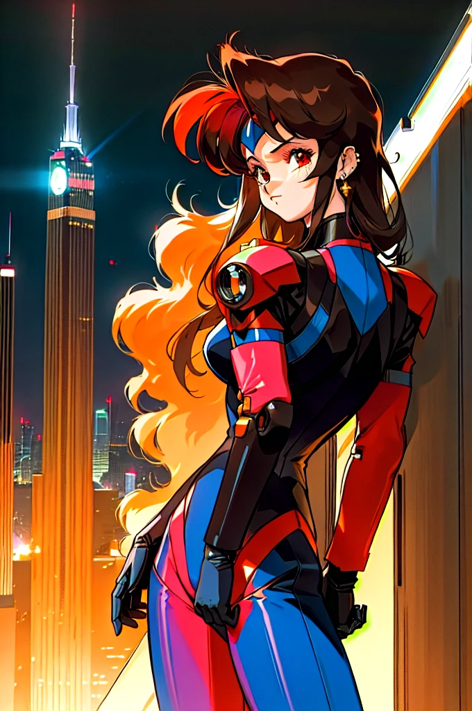Kenichi Sonoda, retro art-style, 90s Japanese Anime Style, "bubblegum crisis", Sci-fi, Cyberpunk, Neon, Dystopia, (Amid the neon-soaked skyline of towering skyscrapers in mega Tokyo, 20-year-old anime beauty Pris stands alone on a gleaming skyscraper spire, bathed in the dazzling glow of the full moon. Her striking features are accentuated by a dark blue metal hard suit adorned with vibrant orange lines inspired by Syd Mead's industrial machine designs. Her brown medium-length hair frames her piercing gaze while she flashes a confident smile at the viewer. With fearless determination etched on her face, Pris is imposing and her entire presence exudes an aura of cool, stylish elegance. The smooth curves of her shadow, backlit by the moon, create a captivating silhouette, showcasing her unparalleled charm. A beauty under the watchful eye of the city's towering skyscrapers.), 1girl, solo, The main character, "Priss", 20yo, anime beauty, Cool beauty, Unparalleled beauty, Brown medium length hair, red eyes, Cold and sharp eyes, harsh brushstrokes, dramatic lighting, A dark blue metal hard suit with orange lines has a sophisticated design, fearless look, an expression of ridicule, smile, Standing alone in the backlight, she looks cool and stylish, Standing, looking at viewer, close-up photography of upper body, bust shot, Depth of field, character focus, (masterpiece, anime cg, official art, work of art, Award-winning work, extreme quality, ultra high definition, all intricate, overall detailed, finely detailed, super detailed, very aesthetic, boast pompously, focus on entire screen, asymmetrical, raytraced, caustics, textile shading, incredibly absurd resolution, absolutely resolution, ultra high resolution, professional, vivid colors, 16k, perfect anatomy, ideal facial features, Beautifully detailed face, Beautifully detailed eyes, ideally proportioned figure, perfectly beautiful body),
