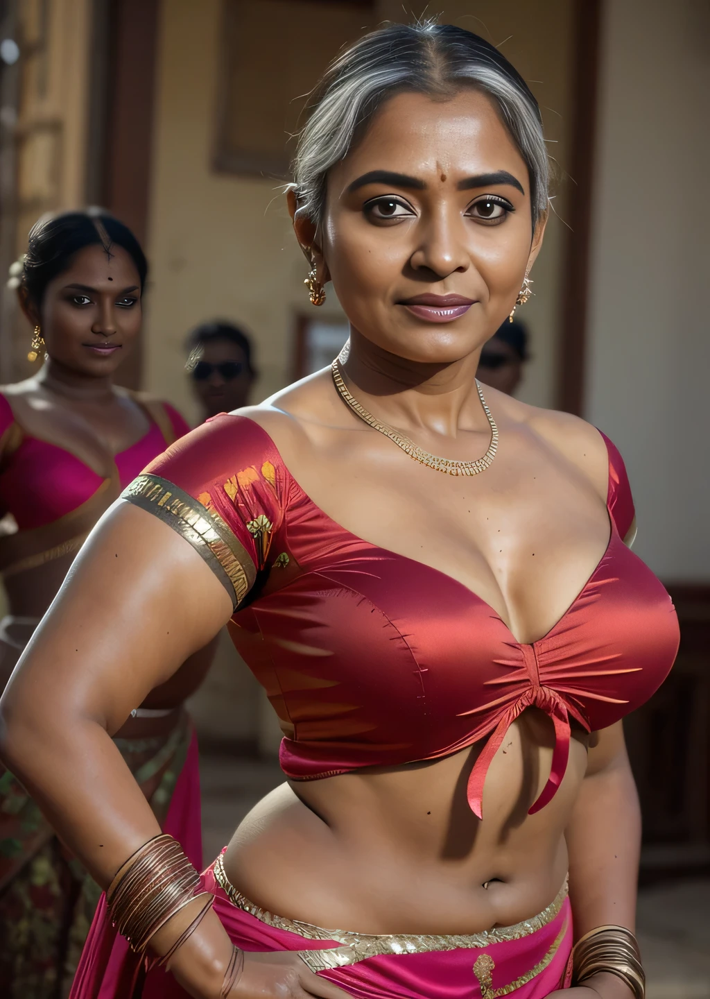 Close up photo of sexy tamil lady, front view, curvy, thick, big breasts, swooping nude big breasts, deep cleavage, dark brown skin, indian french braid hair, necklace, subtle smile, seductive eyes, Tamil item dancer, dance scene, sexy ass naked, Dark brown skin, ((Old body lady:1.3)), ((Old lady:1.6)), (Happy smirk), (((Very Dark skin Tamil GIRL))), masterpiece, High quality, UHD 32K, Realistic face, Realistic skin feeling 