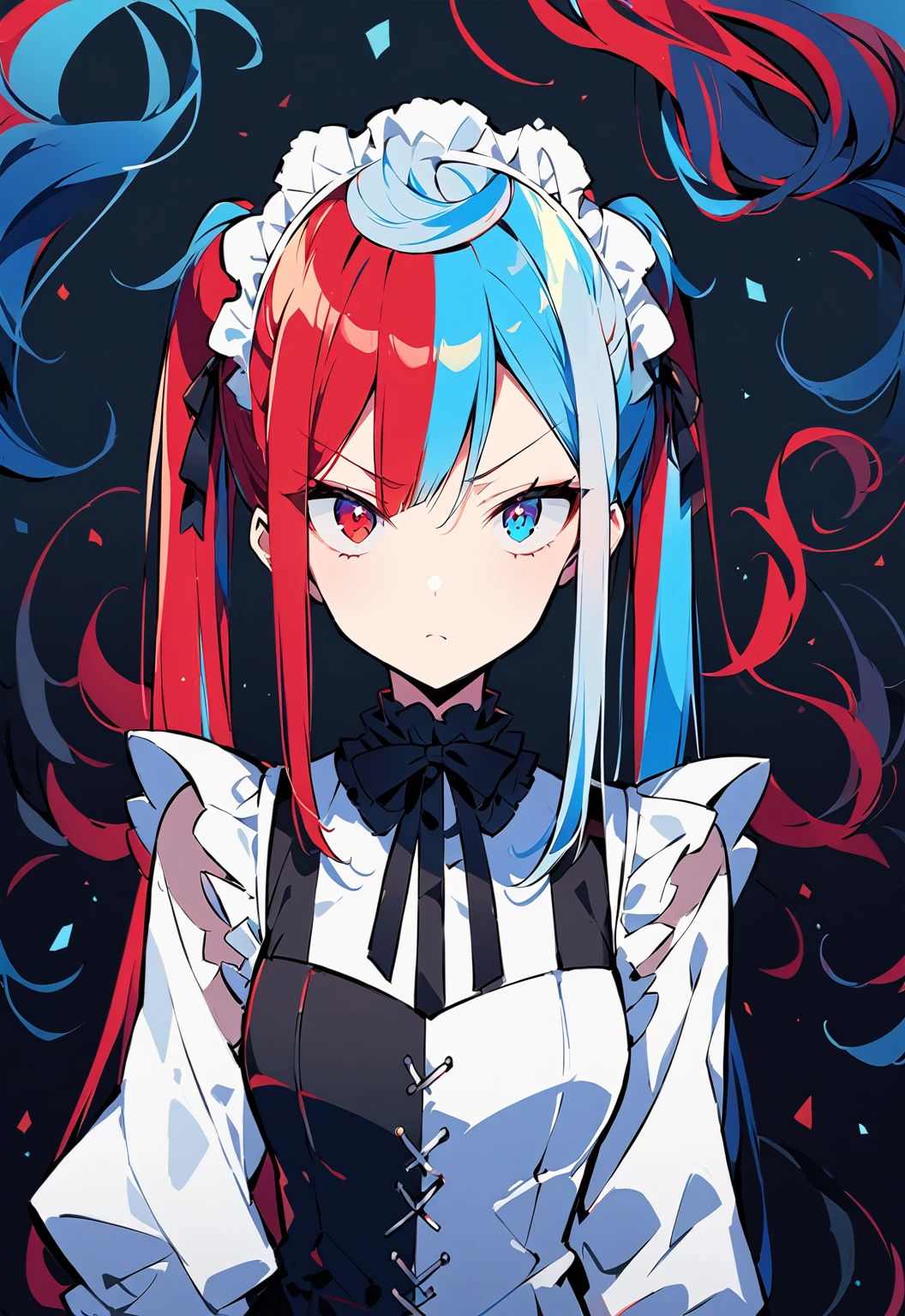 ((split-color hair,red hair,blue hair)),[(garden background:1.4)::5],original,(illustration:1.1),(best quality),(masterpiece:1.1),(extremely detailed CG unity 8k wallpaper:1.1), (colorful:0.9),(mid shot:0.95),(full body:1.5),Dynamic angle,(solo:1.2), (girl),((adult)), (detailed beautiful eyes:1.15), (beautiful face:1.15), (glowing red eyes:1.25////),((medium hair)),((split-color hair,red hair,blue hair)),(high twintails),(chignon),(+perfect hand+:1.21),(Draw an illustration of a gothic girl),(Religious),(slender),(is wearing boots on her feet),((is wearing white maid clothes)),(furious), Lace Off-shoulder  fashion,beautiful slender woman,high twintails,((split-color hair,red hair,blue hair)),((split-color hair,red hair,blue hair)),((split-color hair,red hair,blue hair)),((split-color hair,red hair,blue hair)),((black long boots)),whole body,