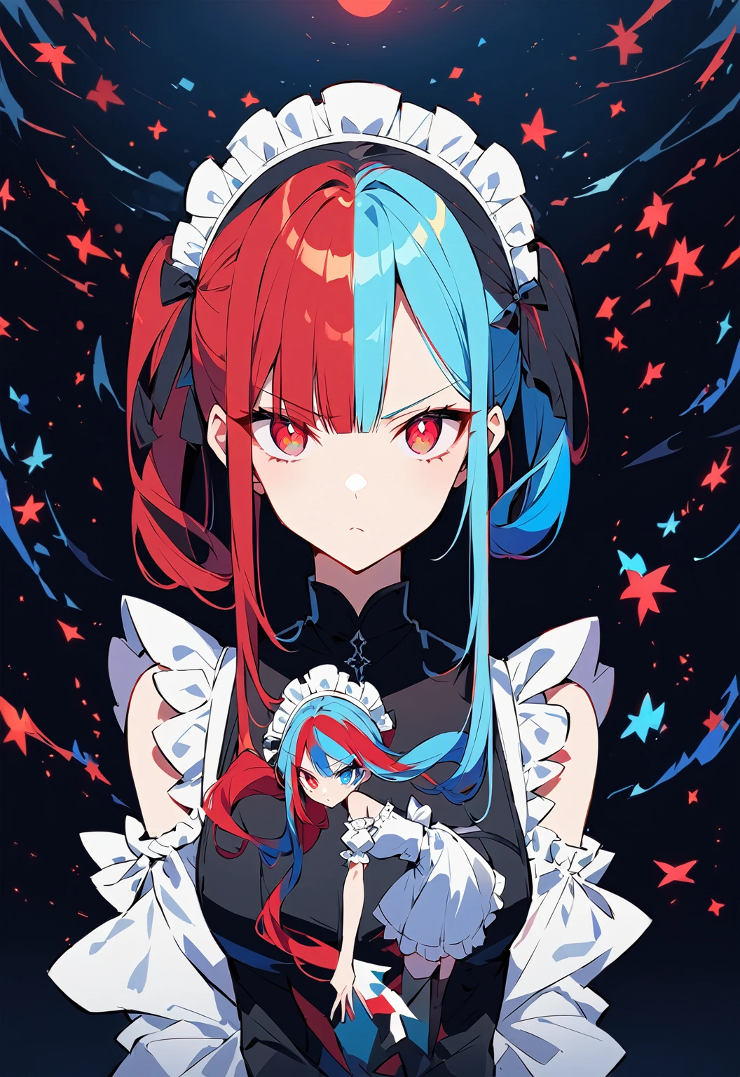 ((split-color hair,red hair,blue hair)),[(garden background:1.4)::5],original,(illustration:1.1),(best quality),(masterpiece:1.1),(extremely detailed CG unity 8k wallpaper:1.1), (colorful:0.9),(mid shot:0.95),(full body:1.5),Dynamic angle,(solo:1.2), (girl),((adult)), (detailed beautiful eyes:1.15), (beautiful face:1.15), (glowing red eyes:1.25////),((medium hair)),((split-color hair,red hair,blue hair)),(high twintails),(chignon),(+perfect hand+:1.21),(Draw an illustration of a gothic girl),(Religious),(slender),(is wearing boots on her feet),((is wearing white maid clothes)),(furious), Lace Off-shoulder lolita fashion,beautiful slender woman,high twintails,((split-color hair,red hair,blue hair)),((split-color hair,red hair,blue hair)),((split-color hair,red hair,blue hair)),((split-color hair,red hair,blue hair)),((black long boots)),whole body,