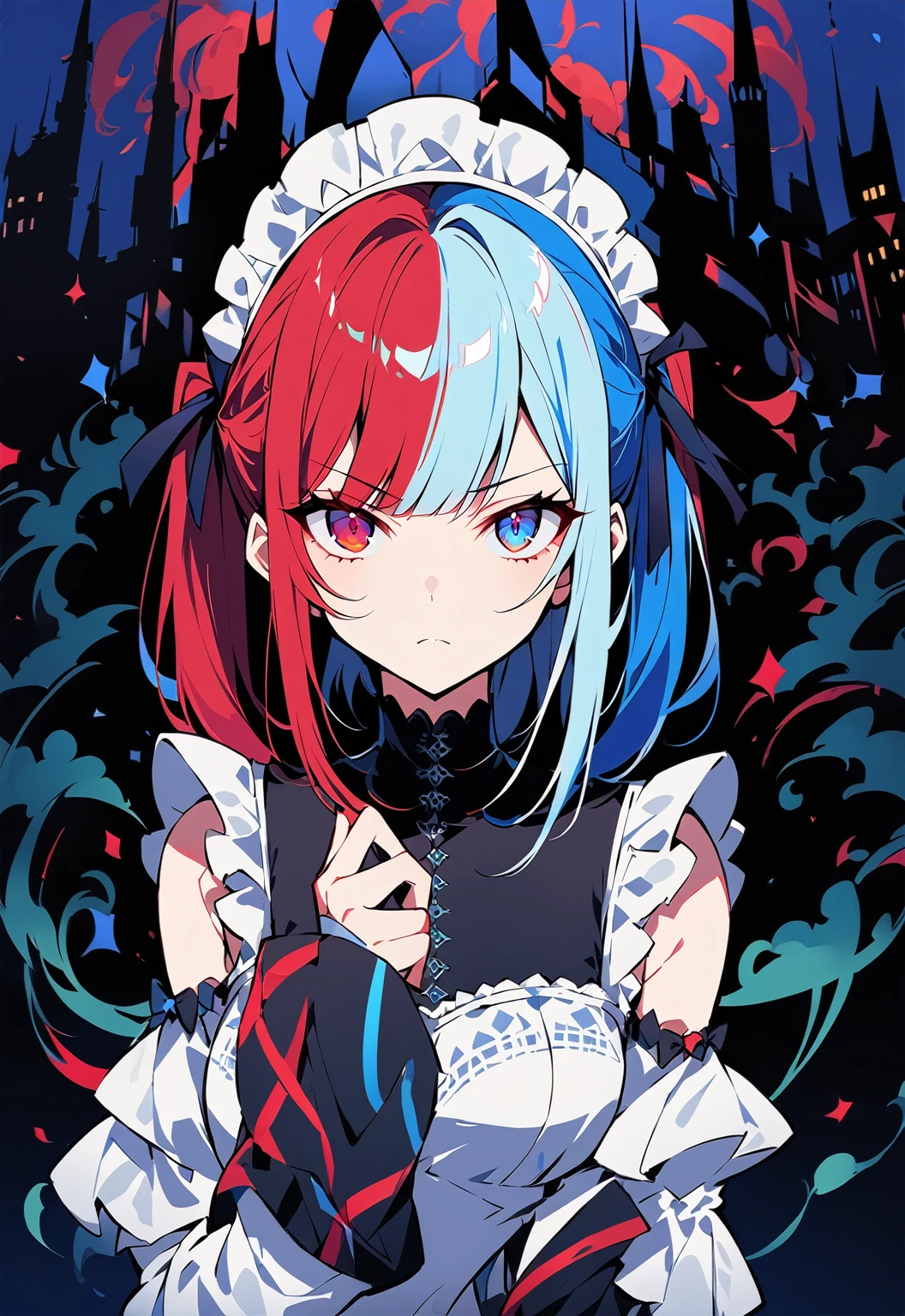 ((split-color hair,red hair,blue hair)),[(garden background:1.4)::5],original,(illustration:1.1),(best quality),(masterpiece:1.1),(extremely detailed CG unity 8k wallpaper:1.1), (colorful:0.9),(mid shot:0.95),(full body:1.5),Dynamic angle,(solo:1.2), (girl),((adult)), (detailed beautiful eyes:1.15), (beautiful face:1.15), (glowing red eyes:1.25////),((medium hair)),((split-color hair,red hair,blue hair)),(high twintails),(chignon),(+perfect hand+:1.21),(Draw an illustration of a gothic girl),(Religious),(slender),(is wearing boots on her feet),((is wearing white maid clothes)),(furious), Lace Off-shoulder lolita fashion,beautiful slender woman,high twintails,((split-color hair,red hair,blue hair)),((split-color hair,red hair,blue hair)),((split-color hair,red hair,blue hair)),((split-color hair,red hair,blue hair)),((black long boots)),whole body,