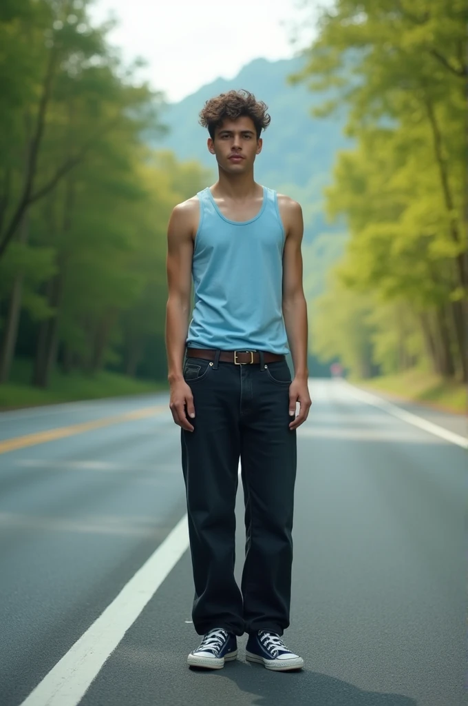 “Raw photo, 8k UHD, DSLR, soft lighting, high quality, film grain, Fujifilm XT3, medium distance wide-angle shot, light blue singlet with long black jeans, all-star shoes, background of a highway with lush trees around, cinematic photo, 18mm f/11 photo, film, bokeh, professional, 4k, very detailed, colorful.”