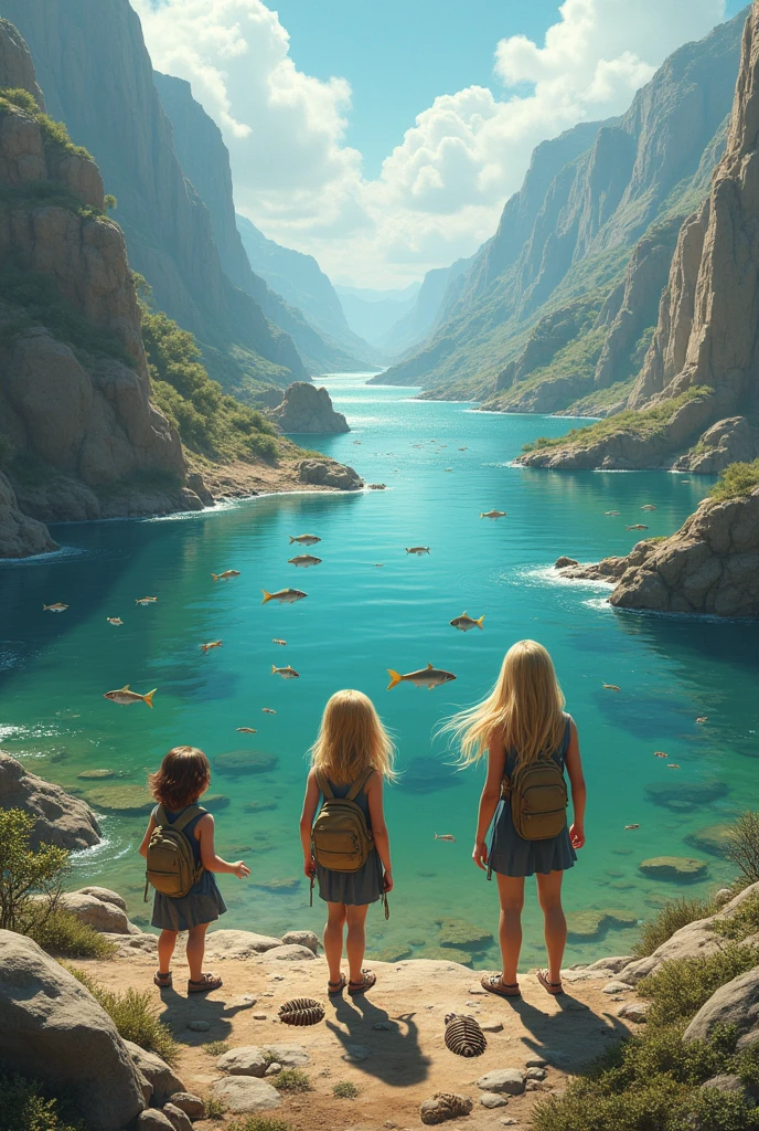 create an image that shows what the earth looked like (including fauna and flora) in the Silurian period (shallow seas, mountainscape, rocks and invertebrate animals)
now add three teenage girls in the landscape, make one of them blonde