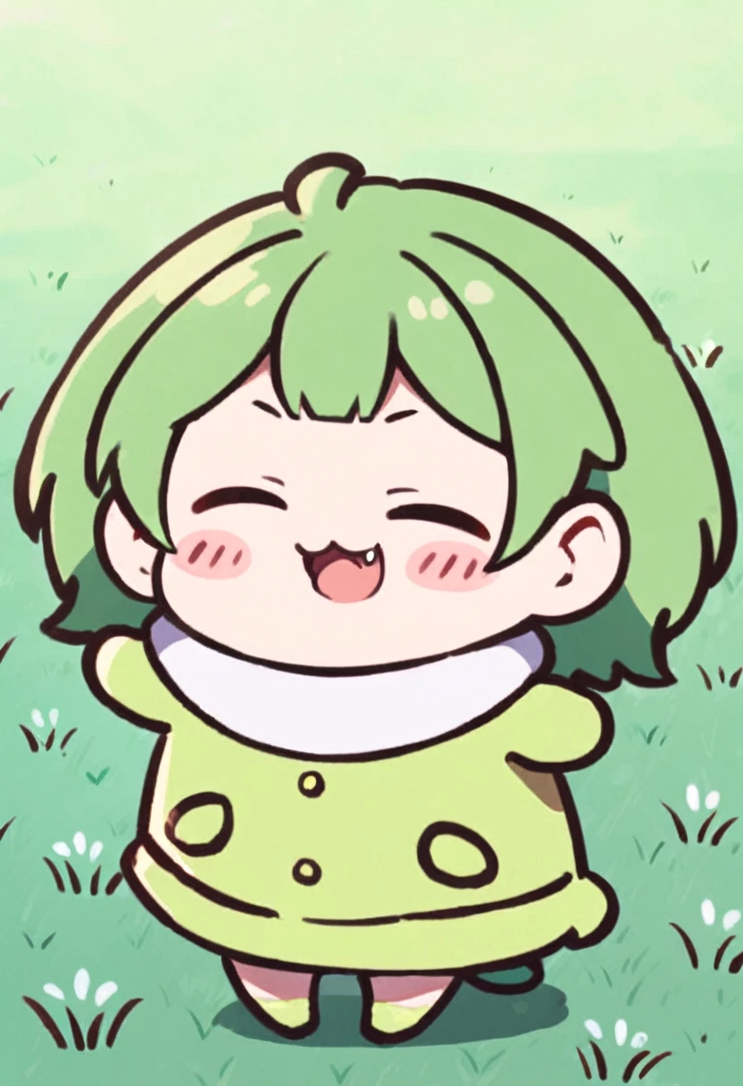 (((tkw))), (zndmn), solo, Full body shot, 2D, kawaii, chibi, green hair, short hair, green clothing, smile, outdoors, field, tail, open mouth, fang