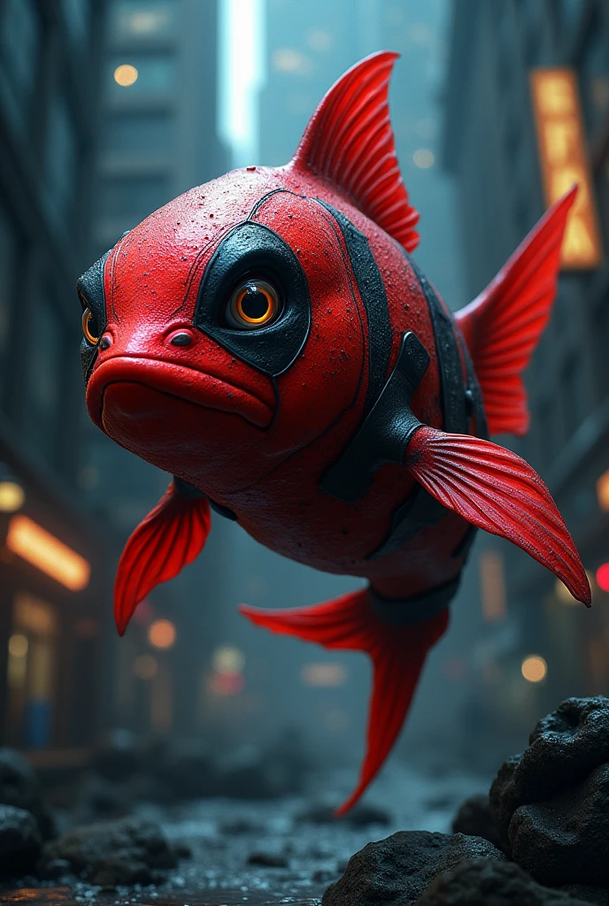 generates an image of a fish in a deadpool suit
