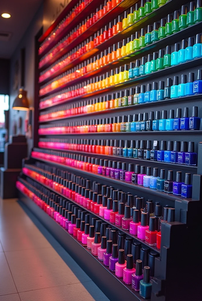 Nail polish wall with the words Nay nail polish shop written on it 