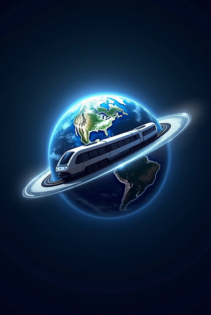 A logo with a train rotating around the planet Earth