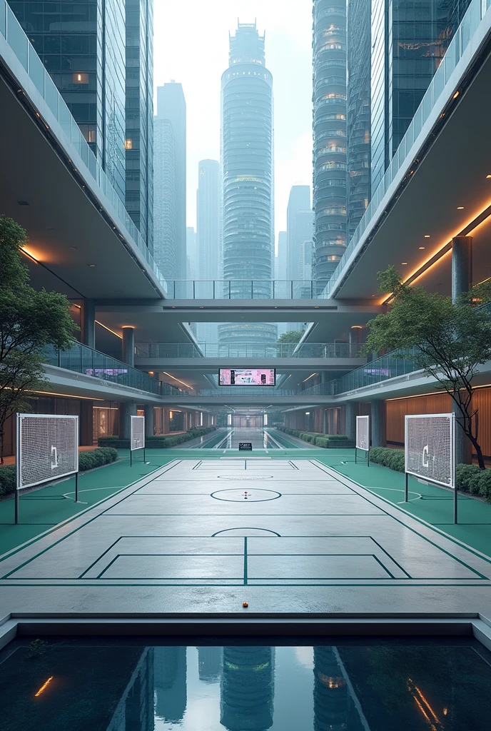 An urban futsal court seen from outside 