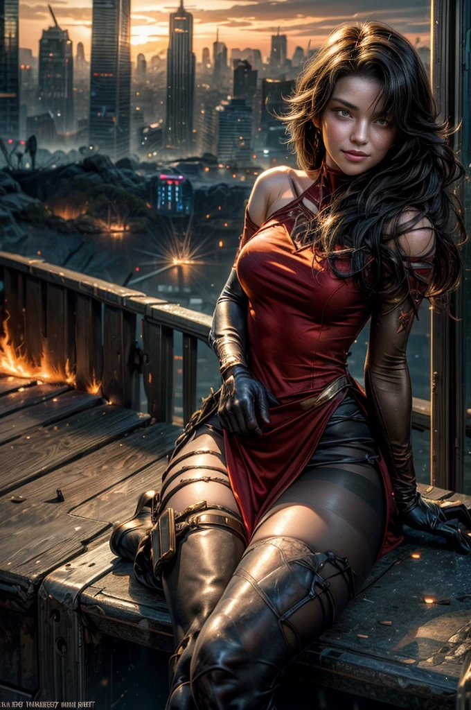 (masterpiece, best quality:1.2), cowboy shot, solo, 1girl, cinder fall, looking at viewer, long hair, red dress, elbow gloves, pantyhose, dynamic pose, sitting near wrecked bridge, wrecked skyscrapers, holding fire, night, stars, evil smile, post-apocalypse, dystopian future  crowd, (volumetric lighting), sharp focus, hyper detailed 
