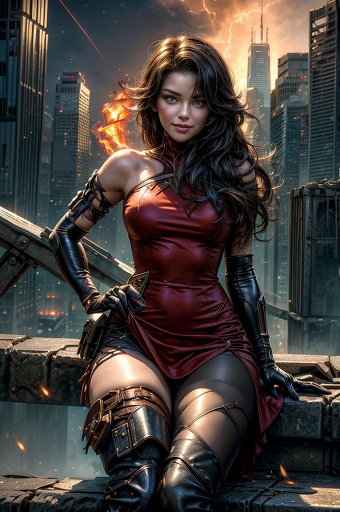 (masterpiece, best quality:1.2), cowboy shot, solo, 1girl, cinder fall, looking at viewer, long hair, red dress, elbow gloves, pantyhose, dynamic pose, sitting near wrecked bridge, wrecked skyscrapers, holding fire, night, stars, evil smile, post-apocalypse, dystopian future crowd, (volumetric lighting), sharp focus, hyper detailed