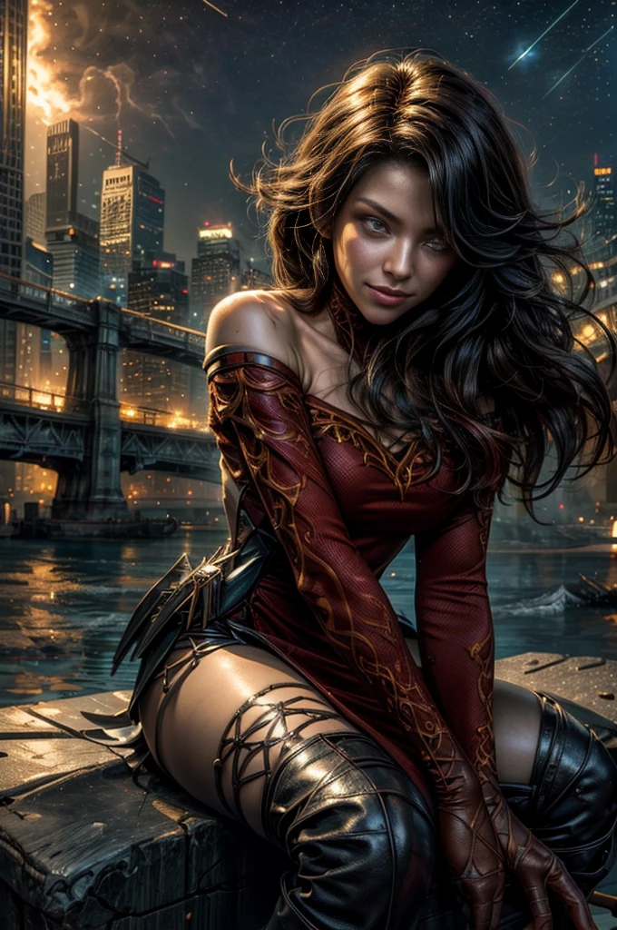(masterpiece, best quality:1.2), cowboy shot, solo, 1girl, cinder fall, looking at viewer, long hair, red dress, elbow gloves, pantyhose, dynamic pose, sitting near wrecked bridge, wrecked skyscrapers, holding fire, night, stars, evil smile, post-apocalypse, dystopian future crowd, (volumetric lighting), sharp focus, hyper detailed