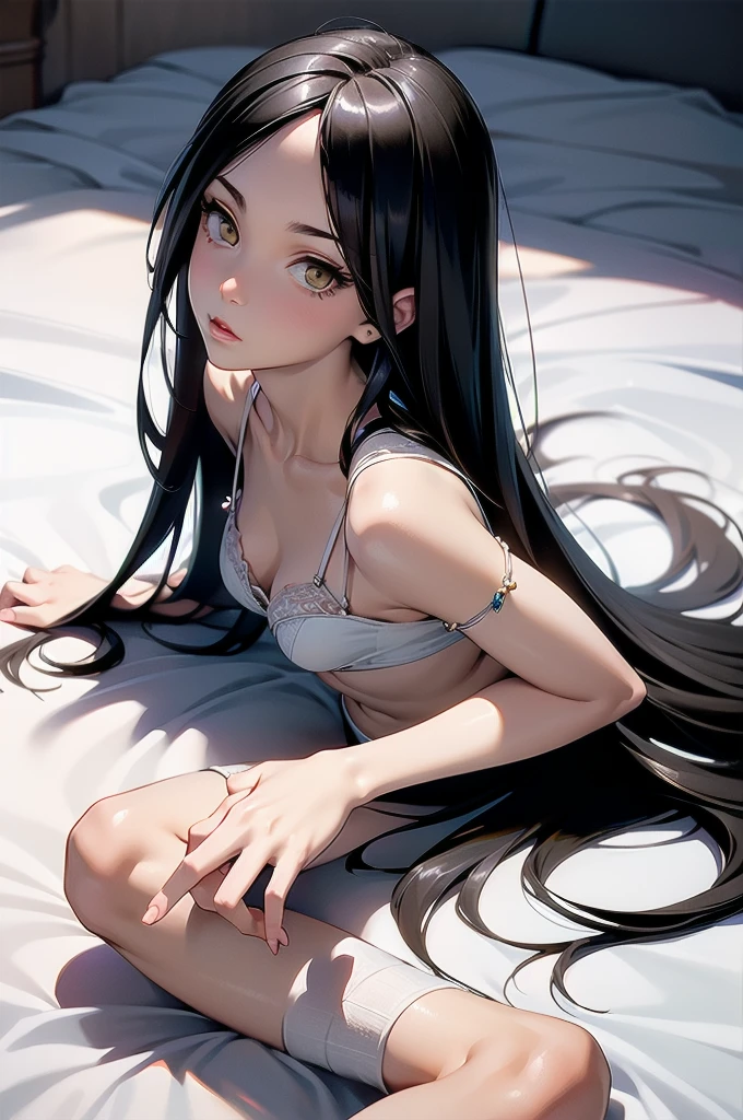 ((masterpiece)), (best quality), beautiful, extremely detailed face, perfect lighting,ultra-detailed ,flushed, midriff , lingerie, long socks, bed , lie down in bed , top-quality, begging look , albedo 