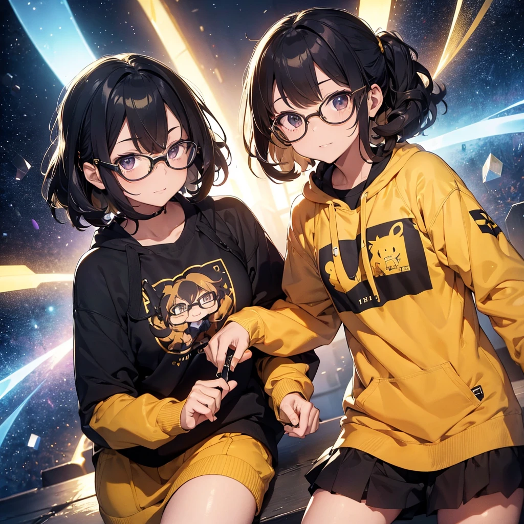 Male He has the power of light with curly hair wearing glasses and a black and gold Gemini sweatshirt