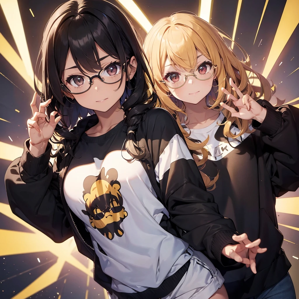 Male He has the power of light with curly hair wearing glasses and a black and gold Gemini sweatshirt