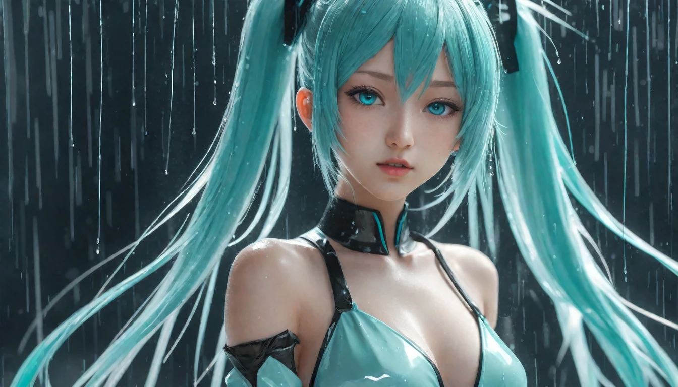 Thin wlop,Short mini dress,light rain,Hyper Real,Detailed digital art,hatsune miku ikeuchi,Featured on pixiv,Dystopia,Genshin Impact,Cel Shading,Smooth,Sharp focus,Cel Shading face,by
