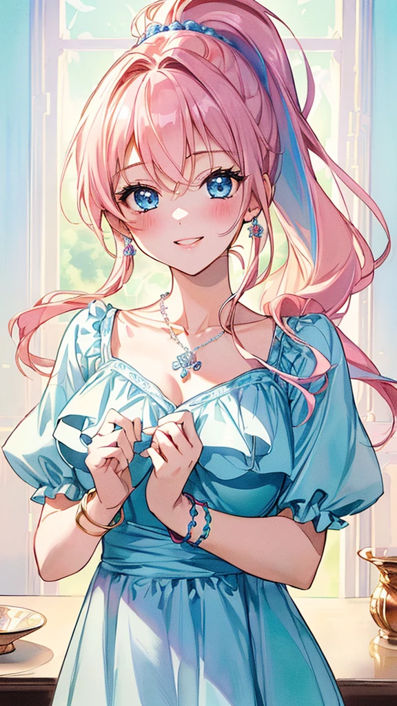 最high quality、Best image quality、masterpiece、With a girl((cute、18-year-old、Best Bust、Medium Bust、Beautiful Blue Eyes、Spread your chest wide,Pastel Hair、ponytail、Disheveled Hair、thin、Highest Valley、Pastel Dress、smile、necklace、Wristband、)）high quality、Beautiful art、background((Pastel Room)),Tabletop、Exquisite design、Visual Arts、Written boundary depth、Best lighting、Highest detail、8ｋ