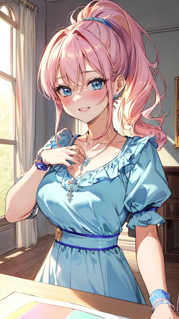 最high quality、Best image quality、masterpiece、With a girl((cute、18-year-old、Best Bust、Medium Bust、Beautiful Blue Eyes、Spread your chest wide,Pastel Hair、ponytail、Disheveled Hair、thin、Highest Valley、Pastel Dress、smile、necklace、Wristband、))high quality、Beautiful art、background((Pastel Room)),Tabletop、Exquisite design、Visual Arts、Written boundary depth、Best lighting、Highest detail、8k