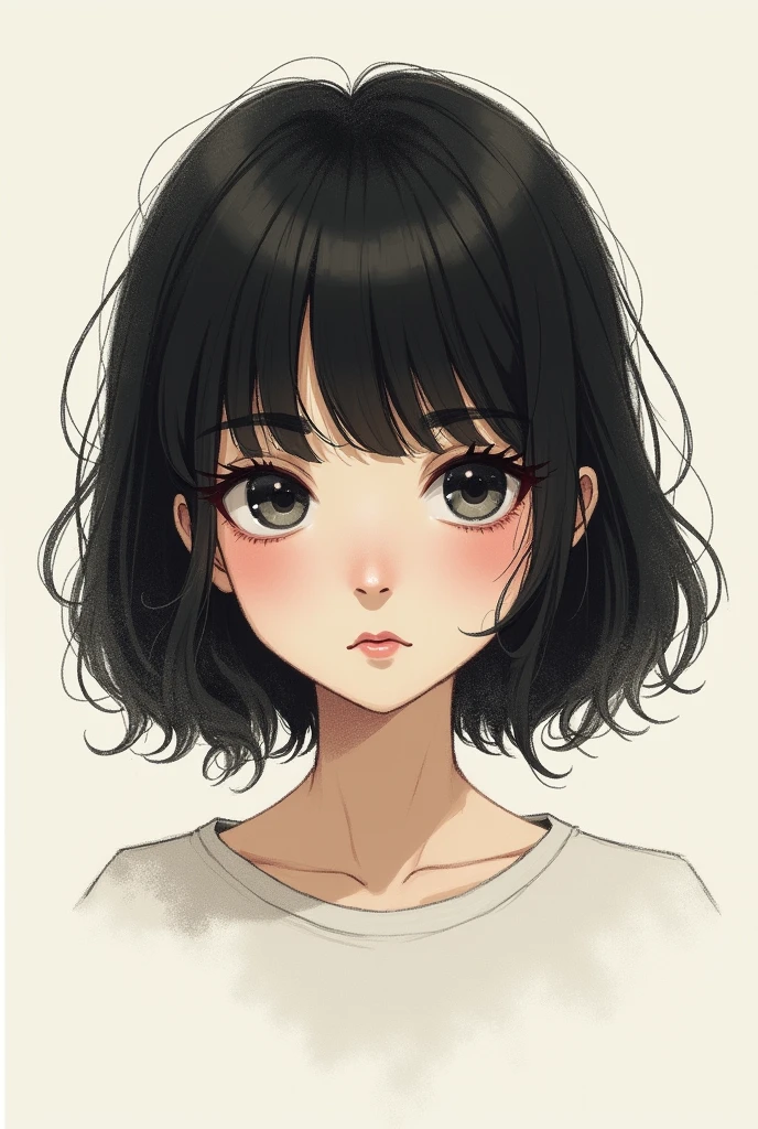 Create a simple drawing of a girl with dark eyes, bangs and shoulder length hair who likes rock and is shy 
