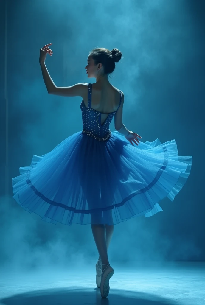 beautiful classical ballet dancer in a semi-sensual studded blue dress, clothes without sensuality blue background blue background blue place everything blue with lighting