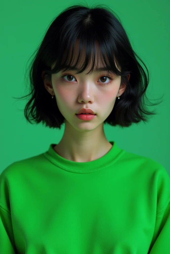 One in a green sweatshirt and black hair