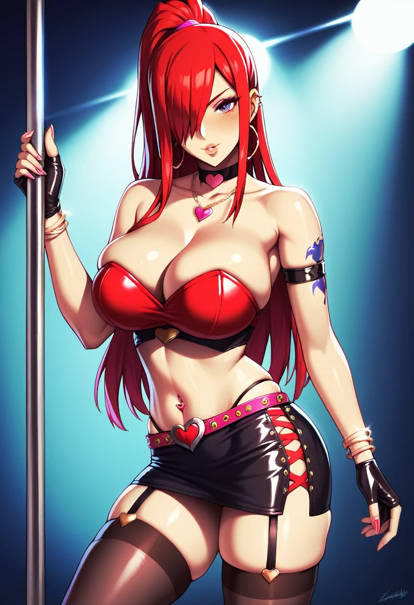 Erza, red hair, ponytail, navel, strapless red crop top, tight black mini skirt, latex black skirt with straps and cutouts, red heart belt, skindentation, black thighhighs, lace thong, fingerless gloves, collarbone, 1girl, bare shoulders, midriff, cleavage, hair over one eye, large breasts, bursting breasts, long hair, animerza, looking at viewer, puckered lips, purple eyes, masterpiece, best quality, room, big breasts, cleavage, blush, multiple hoop bracelets on both arms, pink hoop earrings, heart necklace, naval heart piercing, upper arm bands, heart choker, slut tattoo, pole, posing on pole, skin lights, on stage, skin curtains background,