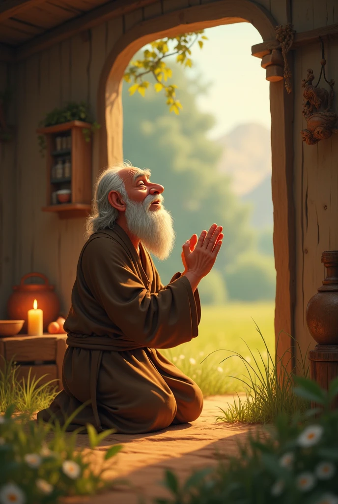 : "The poor old short man prays to God sincerely in the field or inside his hut. , 3d animation ,disney inspired, 8k
