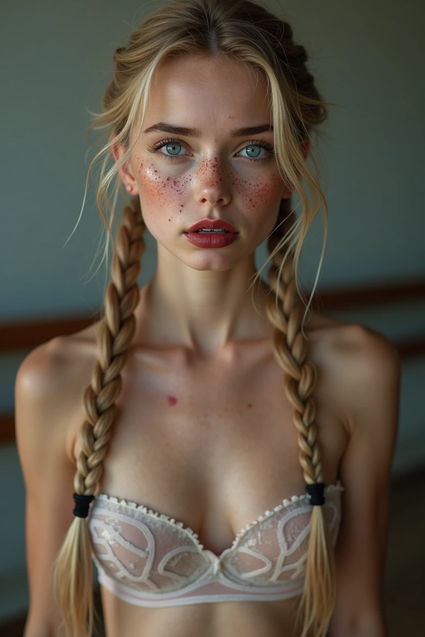 A girl 18 years old long blonde braided pigtails very thin does naked ballet, without clothes,flat-chested,small breasts,Make-up smeared,Makeup run,perfect lips, schwarzerLippenstift, braces, freckles,big eyes,blue eyes,sweating, sweats heavily,Wet,Very detailed, best quality, extremely detailed face, perfect lightning, Ballet studio, backdrop, sexly, erotic, unique, 4K, masterpiece