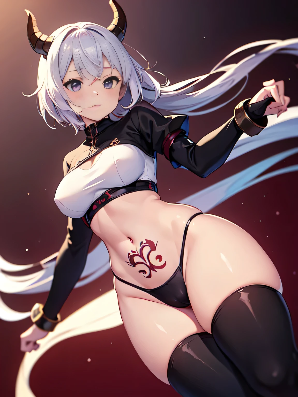 all intricate details, a anime fantasy picture of a girl character, 1girl view, solo, cameltoe, thighhighs, tattoo, long hair, navel, looking at viewer, black-red horns, crop top, a dragon in pubic tattoo, stomach, white-purple hair, long sleeves, short diamond armor, firm breasts, medium breasts, black thighhighs, shirt, black footwear, thighs, bright light purple eyes, closed mouth, sexy pose, random angle, power stance, random background, nude