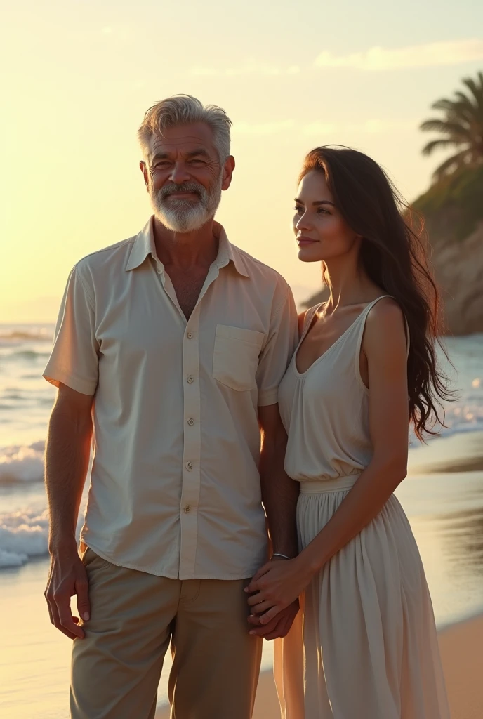Gray-haired man 42 years old, 25 year old woman, Straight long hair, at beach