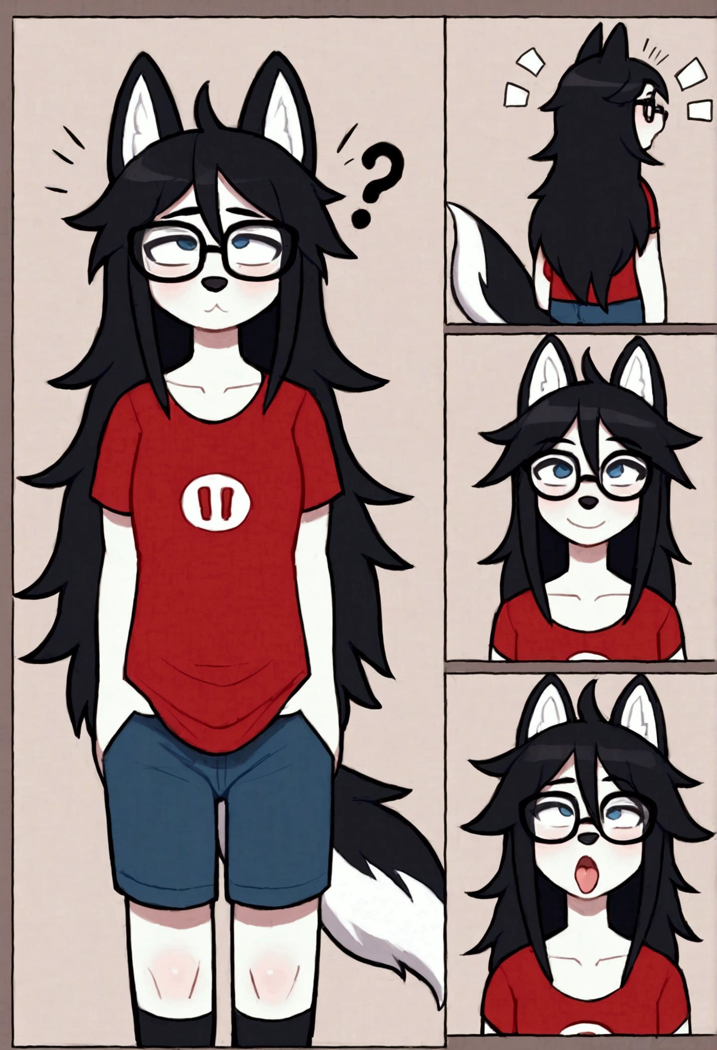 (by wamudraws, by burgerkiss, at terans, by freeedon, by Kilinah, by Coffeesoda, by Hioshiru, by Kilinah),alone, punctuation_9,punctuation_8_High above,punctuation_7_High above, a young hairy wolf Anthro nerd,child,child,feminine,young wolf girl, wolf muzzle,white wolf ears, white hairy body, Cao Cao, long messy black hair,long hair, Bblack hair, white wolf tail, black glasses, blue colored eyes, white wolf ears, white wolf tail, breasts small, wearing a Pikachu sweatshirt, short preto ,,he would be,fly away,portraite,unexpressive,close up looking forward,white ear,icons,high qualiy,ahegao,excited