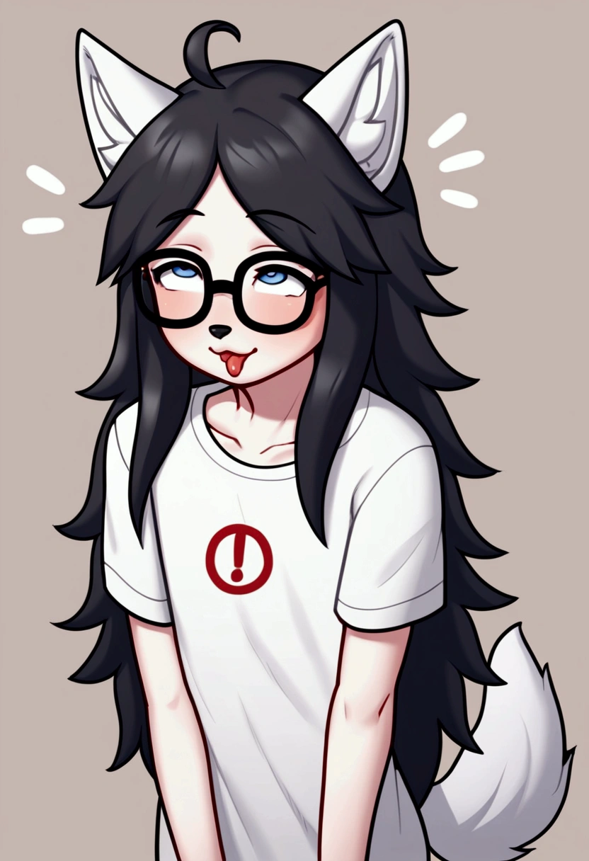 (by shadman),alone, punctuation_9,punctuation_8_High above,punctuation_7_High above, a young hairy wolf Anthro nerd,child,child,feminine,young wolf girl, wolf muzzle, white hairy body, Cao Cao, long messy black hair,long hair, Bblack hair, white wolf tail, black glasses, blue colored eyes, white wolf ears, white wolf tail, breasts small, wearing a red t-shirt, short preto ,,he would be,fly away,portraite,unexpressive,close up looking forward,white ear,icons,high qualiy,ahegao,excited