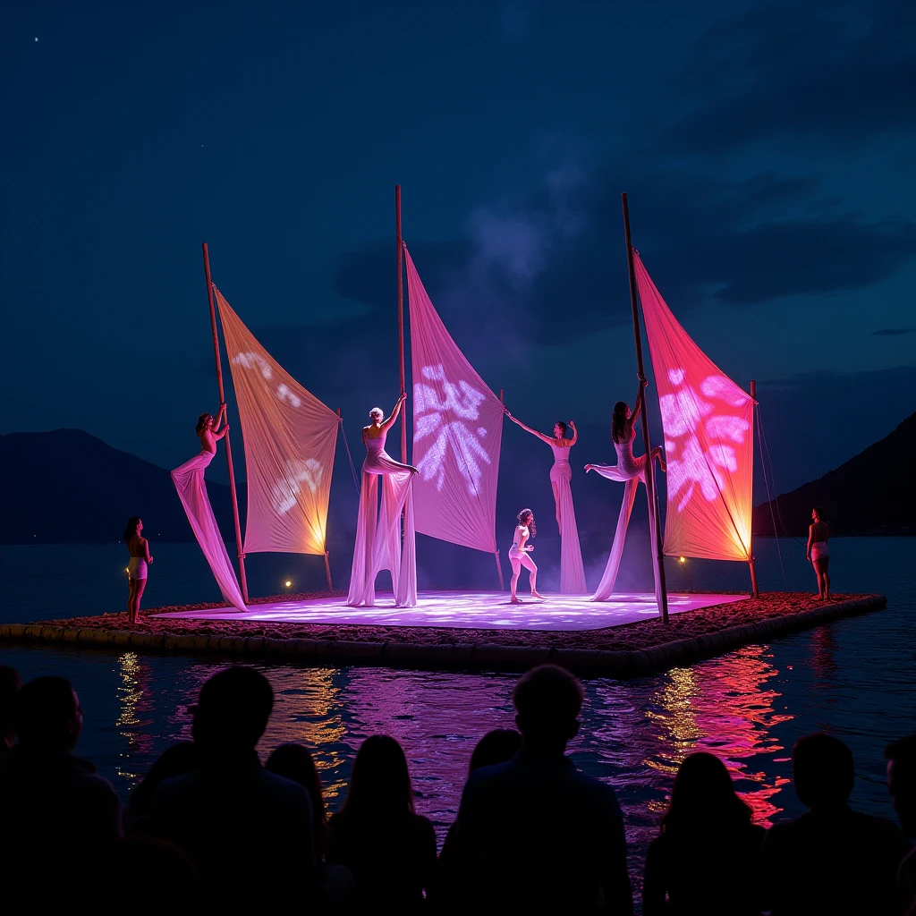 Night aerial circus show on Lake Atitlan. The stage is a floating bamboo platform with sails on which videos are projected..
Around the audience sits on the roof of Lancha.